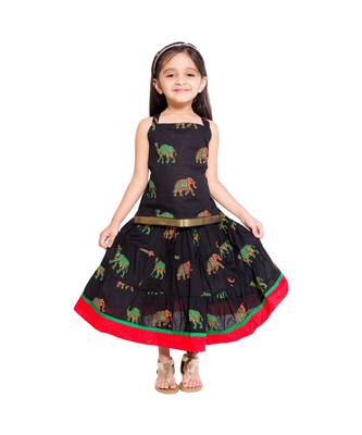 Black Baby Girls Skirt and Top Self Design Hand Block Print 1