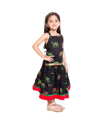 Black Baby Girls Skirt and Top Self Design Hand Block Print 2