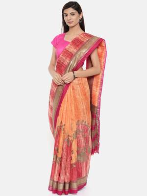 CLASSICATE From The House Of The Chennai Silks Women's Orange Dupion Saree With Blouse 1