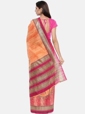 CLASSICATE From The House Of The Chennai Silks Women's Orange Dupion Saree With Blouse 2