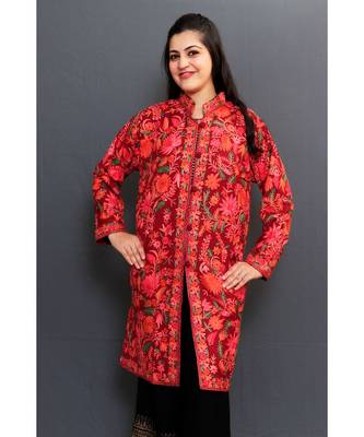 Bright Maroon Colour Kashmiri Aari Work Embroidered Jacket With Beautiful Designer Jall Pattern 1