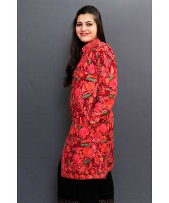 Bright Maroon Colour Kashmiri Aari Work Embroidered Jacket With Beautiful Designer Jall Pattern 2