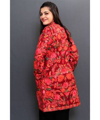 Bright Maroon Colour Kashmiri Aari Work Embroidered Jacket With Beautiful Designer Jall Pattern 3