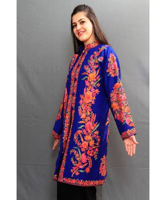 Royal Blue Colour Kashmiri Aari Work Embroidered Jacket With Beautiful Bail And Border On Opening. 2
