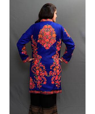 Royal Blue Colour Kashmiri Aari Work Embroidered Jacket With Beautiful Bail And Border On Opening. 3