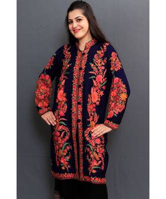 Navy Blue Colour Kashmiri Aari Work Embroidered Jacket With Beautiful Bail And Border On Openings. 1