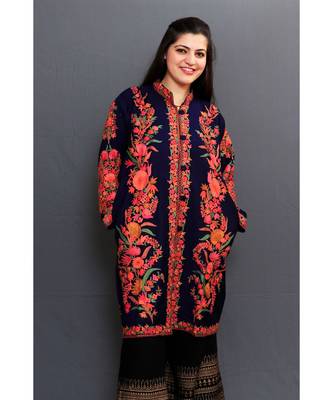 Navy Blue Colour Kashmiri Aari Work Embroidered Jacket With Beautiful Bail And Border On Openings. 2