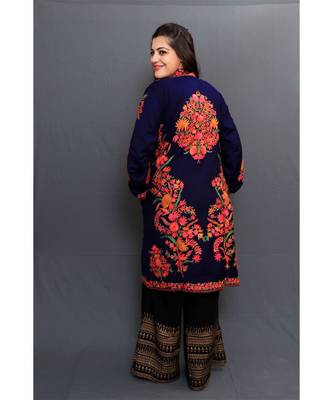 Navy Blue Colour Kashmiri Aari Work Embroidered Jacket With Beautiful Bail And Border On Openings. 3