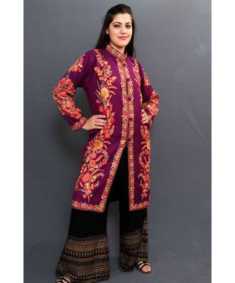 Violet Colour Kashmiri Aari Work Embroidered Jacket With Beautiful Bail And Border On Openings. 2