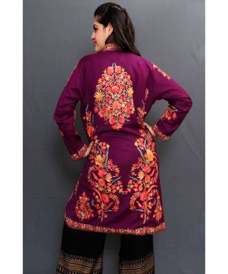 Violet Colour Kashmiri Aari Work Embroidered Jacket With Beautiful Bail And Border On Openings. 3