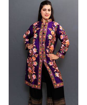 Dark Purple Colour Kashmiri Aari Work Embroidered Jacket With Beautiful Bail And Border On Openings 1