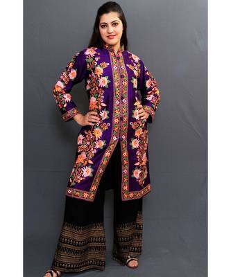 Dark Purple Colour Kashmiri Aari Work Embroidered Jacket With Beautiful Bail And Border On Openings 2