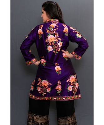 Dark Purple Colour Kashmiri Aari Work Embroidered Jacket With Beautiful Bail And Border On Openings 3