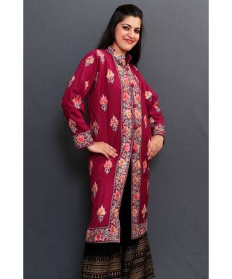 Mauve Colour Kashmiri Aari Work Embroidered Jacket With Beautiful Border And Allover Motifs. 2