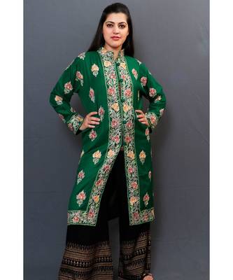 Bottlegreen Colour Kashmiri Aari Work Embroidered Jacket With Beautiful Border And Allover Motifs. 1