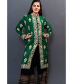 Bottlegreen Colour Kashmiri Aari Work Embroidered Jacket With Beautiful Border And Allover Motifs.