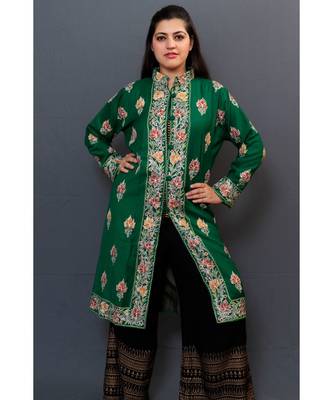 Bottlegreen Colour Kashmiri Aari Work Embroidered Jacket With Beautiful Border And Allover Motifs. 2