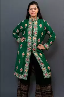 Bottlegreen Colour Kashmiri Aari Work Embroidered Jacket With Beautiful Border And Allover Motifs.
