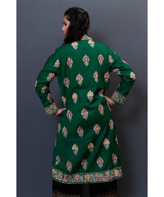 Bottlegreen Colour Kashmiri Aari Work Embroidered Jacket With Beautiful Border And Allover Motifs. 3