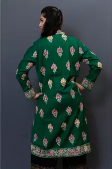 Bottlegreen Colour Kashmiri Aari Work Embroidered Jacket With Beautiful Border And Allover Motifs.