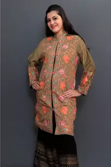Mud Colour Embroidered Jacket With Beautiful Aari Embroidery Gives Attractive Look To The Wearer.