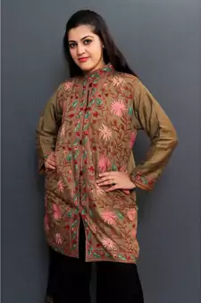 Mud Colour Embroidered Jacket With Beautiful Aari Jaal Gives Attractive Look To The Wearer.