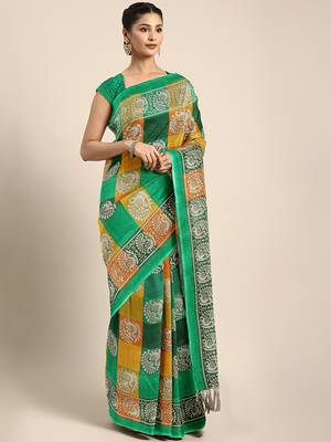 Green Printed Faux Silk Blend Saree With Blouse 1