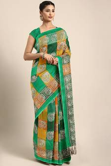 Green Printed Faux Silk Blend Saree With Blouse