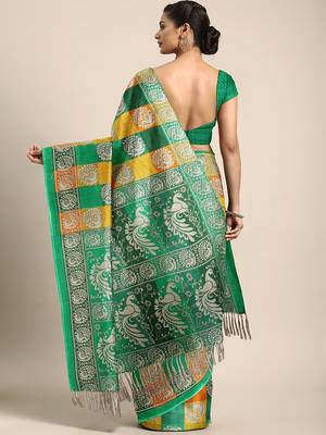 Green Printed Faux Silk Blend Saree With Blouse 2