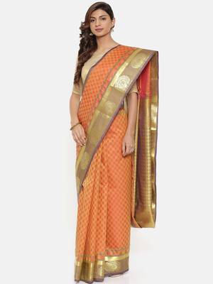 CLASSICATE From The House Of The Chennai Silks Women's Orange  Dharmavaram Silk Saree With Blouse 1