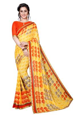 Yellow printed georgette saree  1