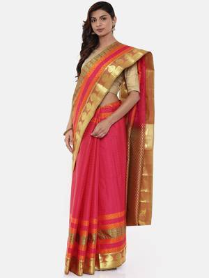 CLASSICATE From The House Of The Chennai Silks Women's Pink Dharmavaram Silk Saree With Blouse 1