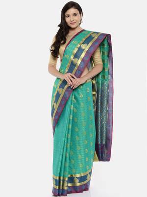 CLASSICATE From The House Of The Chennai Silks Women's Green Dharmavaram Silk Saree With Blouse 1