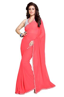 Peach Plain Faux Georgette Saree With Blouse 1