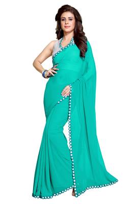 Turquoise plain faux georgette saree with blouse 1
