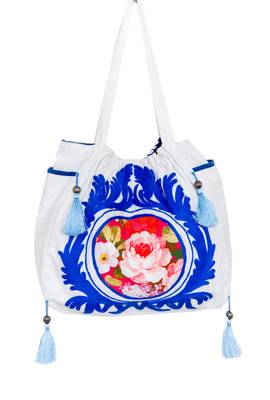 Reme Cotton Embroidered White And Blue Ethnic Handbag For Women 1
