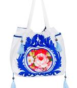 Reme Cotton Embroidered White And Blue Ethnic Handbag For Women
