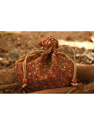 Orange Coloured Sequin Worked Designer Potli Bag 1