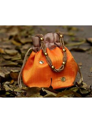 bagzVela Golden Orange Toned Real Mirror Work Silk Potli 1