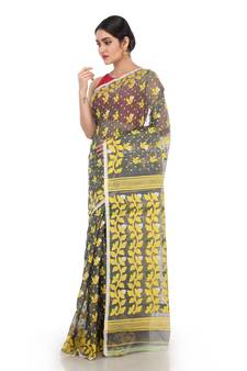 Grey Women Soft Dhakai Jamdani Saree Without Blouse