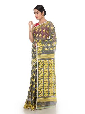 Grey Women Soft Dhakai Jamdani Saree Without Blouse 1