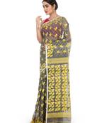 Grey Women Soft Dhakai Jamdani Saree Without Blouse