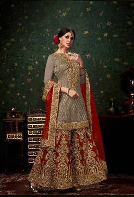 Grey  embroidered banarasi kameez with palazzo 1