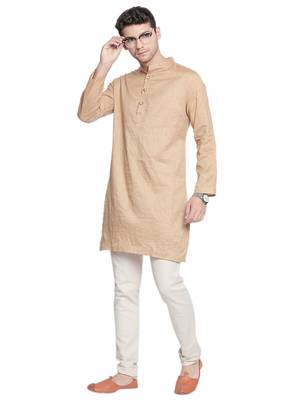 Beige plain cotton silk men-kurtas 1