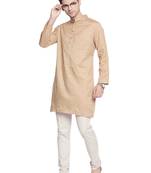 Beige plain cotton silk men-kurtas
