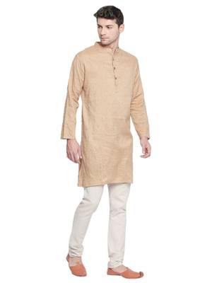 Beige plain cotton silk men-kurtas 2