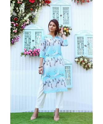turquoise printed cotton stitched kurti sets 1