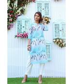 turquoise printed cotton stitched kurti sets