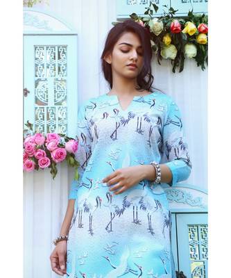 turquoise printed cotton stitched kurti sets 2