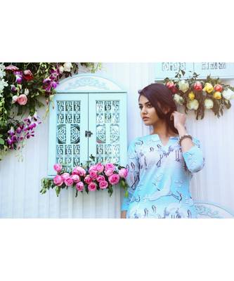 turquoise printed cotton stitched kurti sets 4